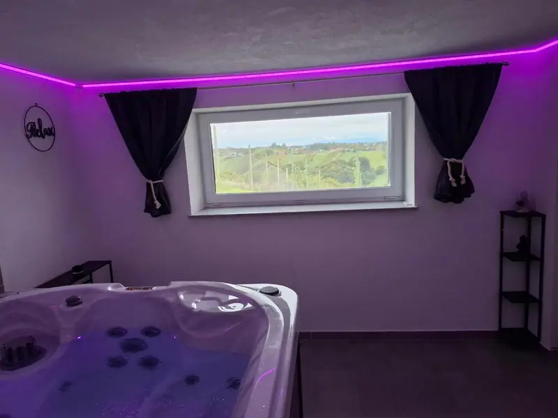 Wellness prostorija s jacuzzijem, ambijentalnom rasvjetom i pogledom kroz prozor